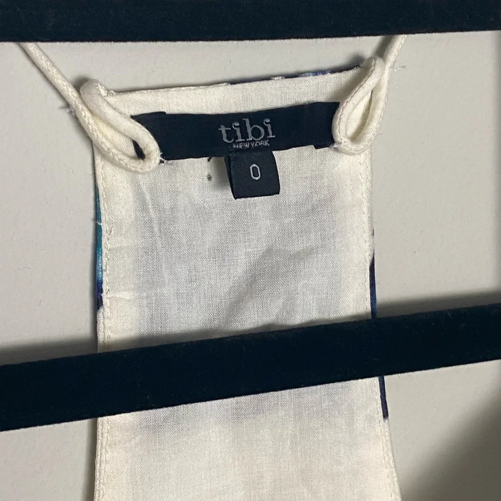 Tibi Silk Printed Top Blue White Peplum Racerback Abstract Print Tank Top Size 0 - Picture 4 of 6